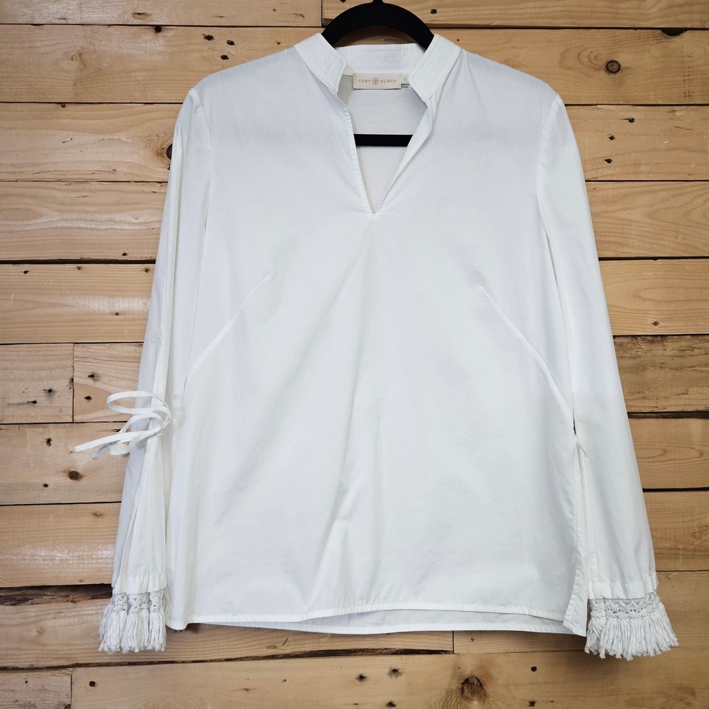 Tory Burch Sophie Blouse White Cotton Split V-Neck Bell Sleeve Fringe Size 0